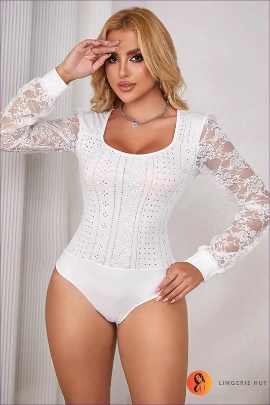 Lace Sleeve Bodysuit with Eyelet Detail - Elegant Everyday Layer for Autumn, Bodysuit, Casual, Everyday,
