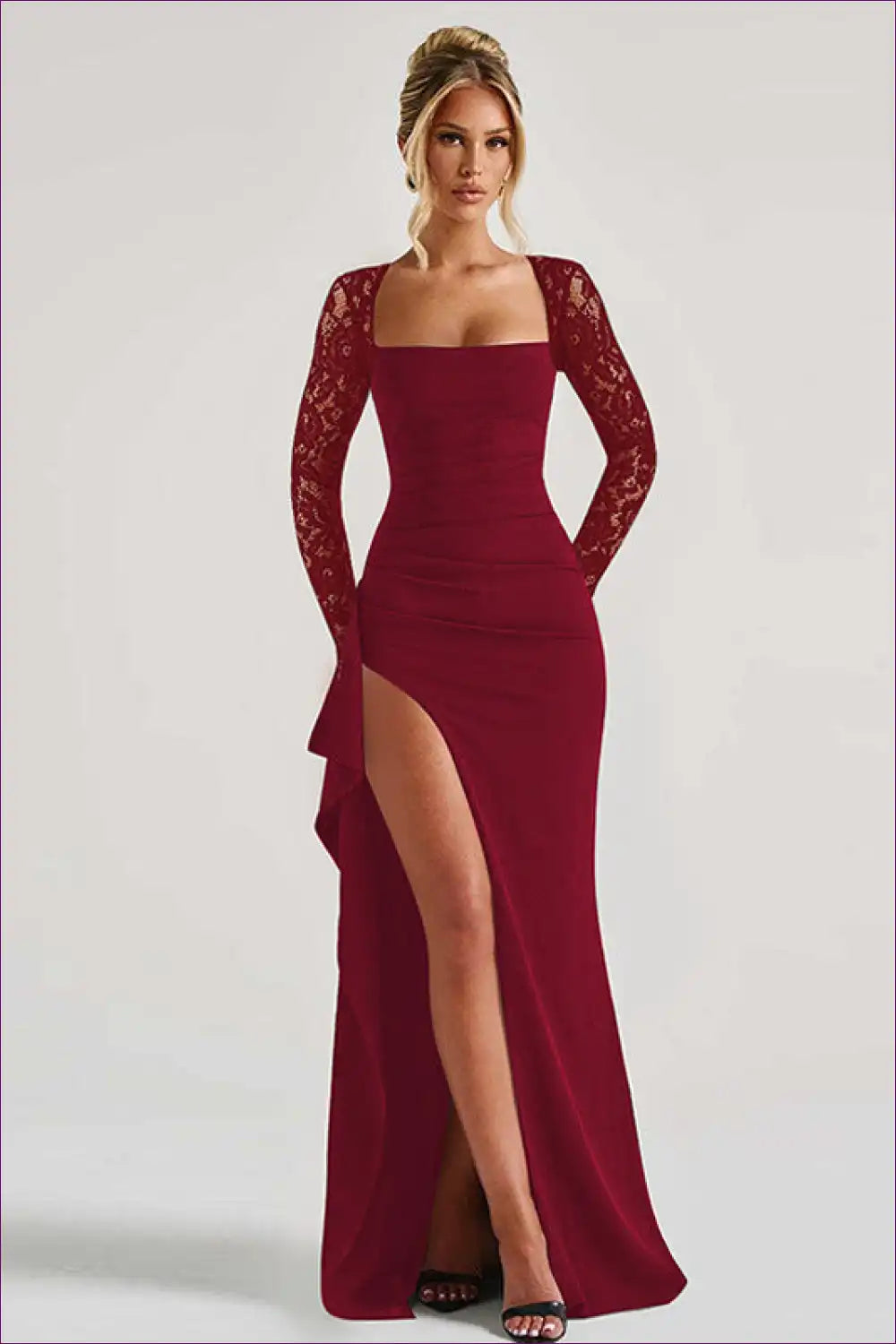 Lace Sleeve Maxi Dress with High Slit - Evening Glamour for Bodycon, Dress, Evening Wear, Formal