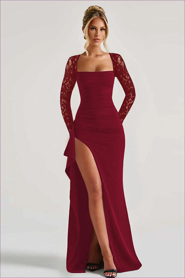 Lace Sleeve Maxi Dress with High Slit - Understated Glamour