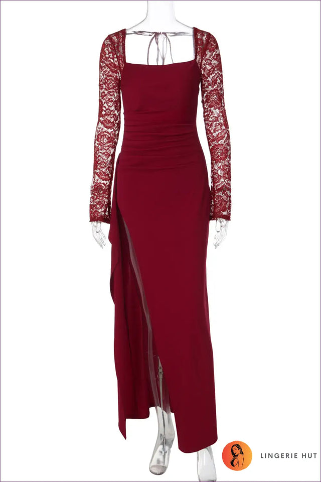 Lace Sleeve Maxi Dress with High Slit - Understated Glamour