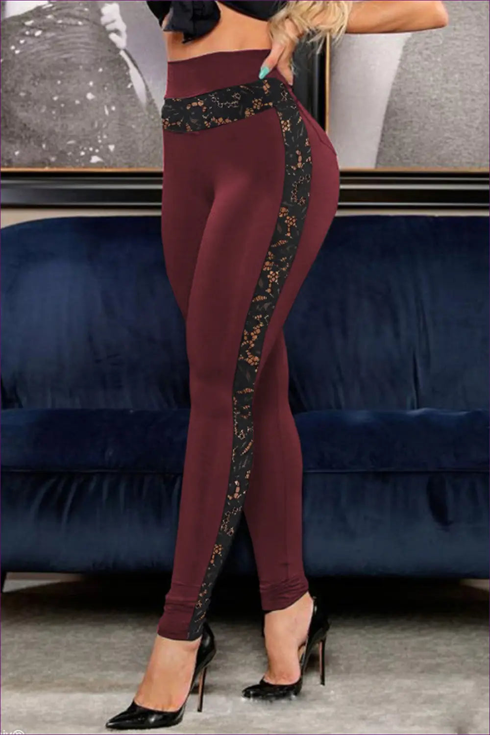 Lace Stitching Leggings - Statement Fitness Fashion - s / Burgundy - Clothing - Lingerie Hut - Activewear • Casual