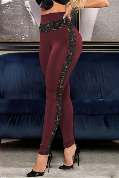 Lace Stitching Leggings - Statement Fitness Fashion - s / Burgundy - Clothing - Lingerie Hut - Activewear • Casual
