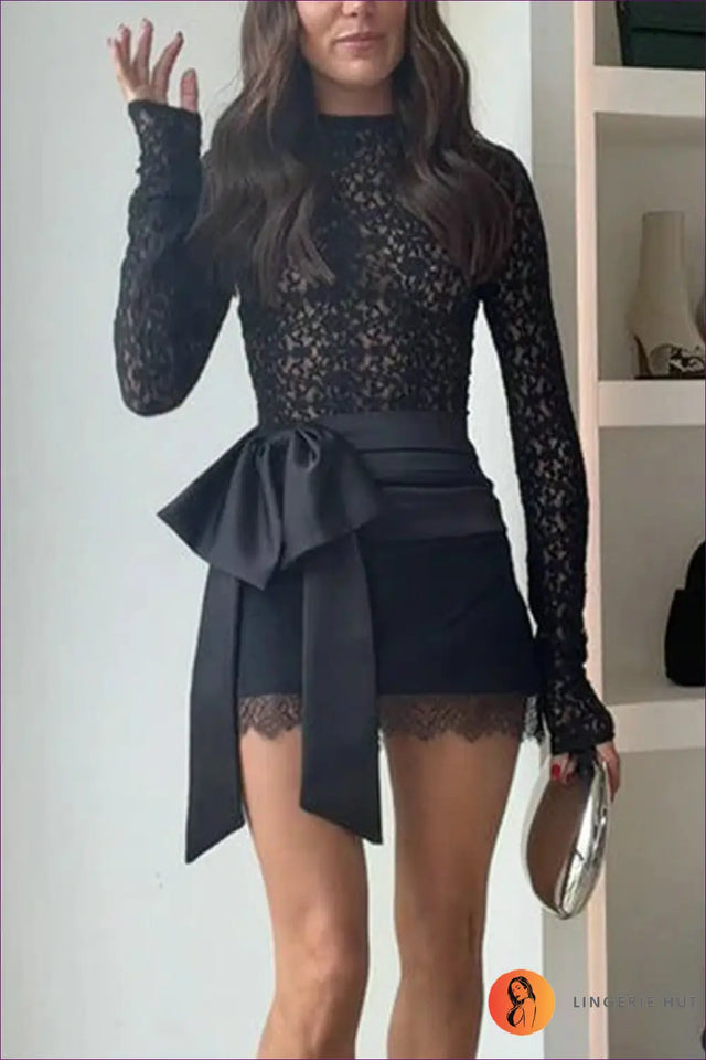 Lace Top & Satin Bow Mini Skirt Set - Understated Glamour