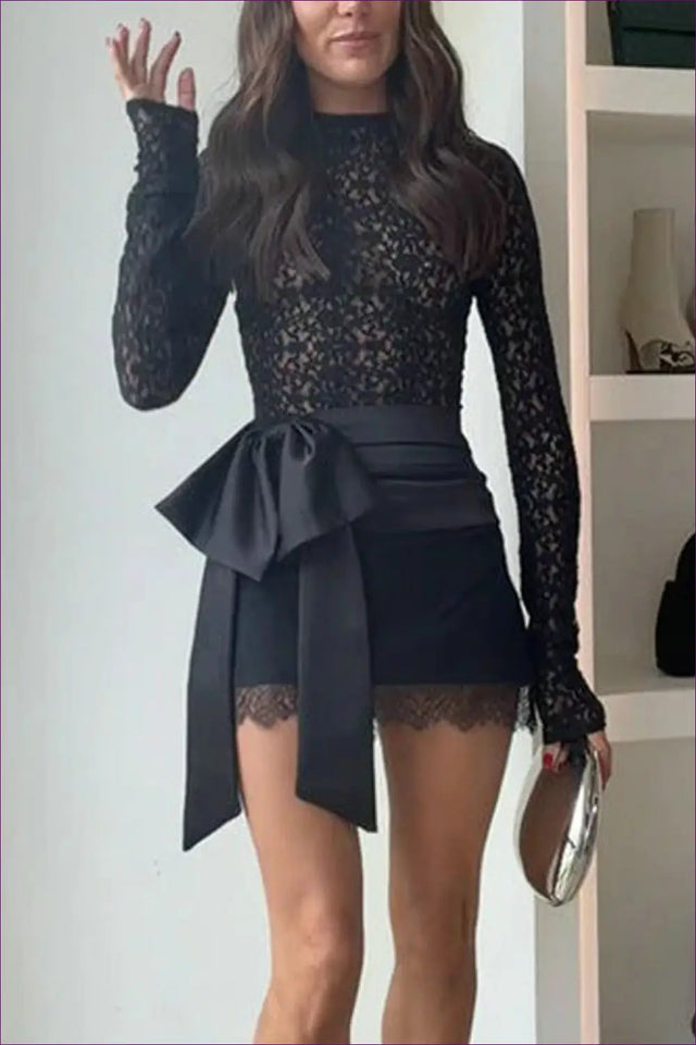 Lace Top & Satin Bow Mini Skirt Set - Understated Glamour