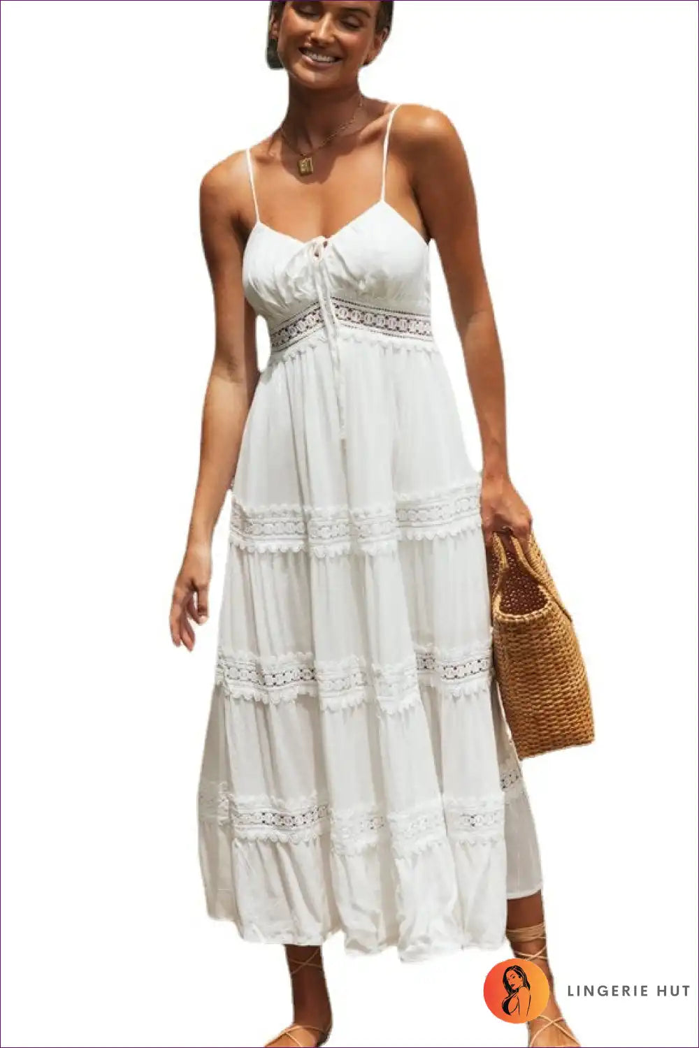 Lace Trim Cami Midi Dress - Bohemian Summer Romance for Boho, Casual, Dress, Everyday,