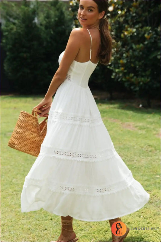 Lace Trim Cami Midi Dress - Bohemian Summer Romance for Boho, Casual, Dress, Everyday,