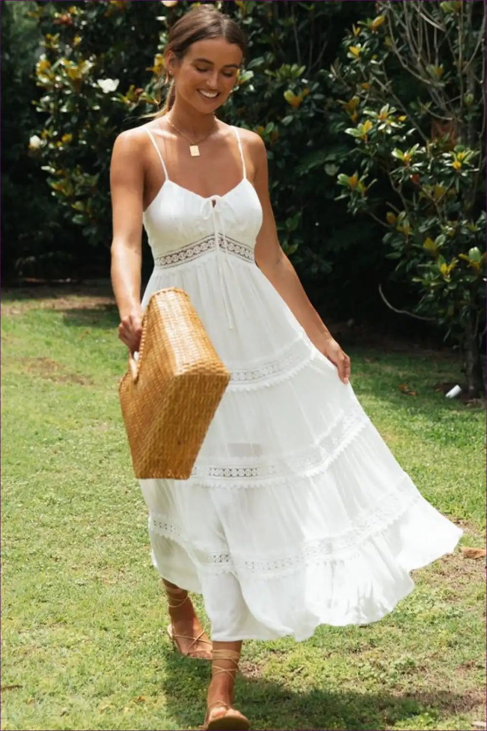 Lace Trim Cami Midi Dress - Bohemian Summer Romance for Boho, Casual, Dress, Everyday,