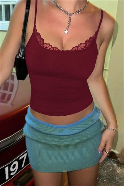 Lace Trim Camisole Top with Spaghetti Straps - Night out Essential for Casual, Crop, Date Night, Everyday,