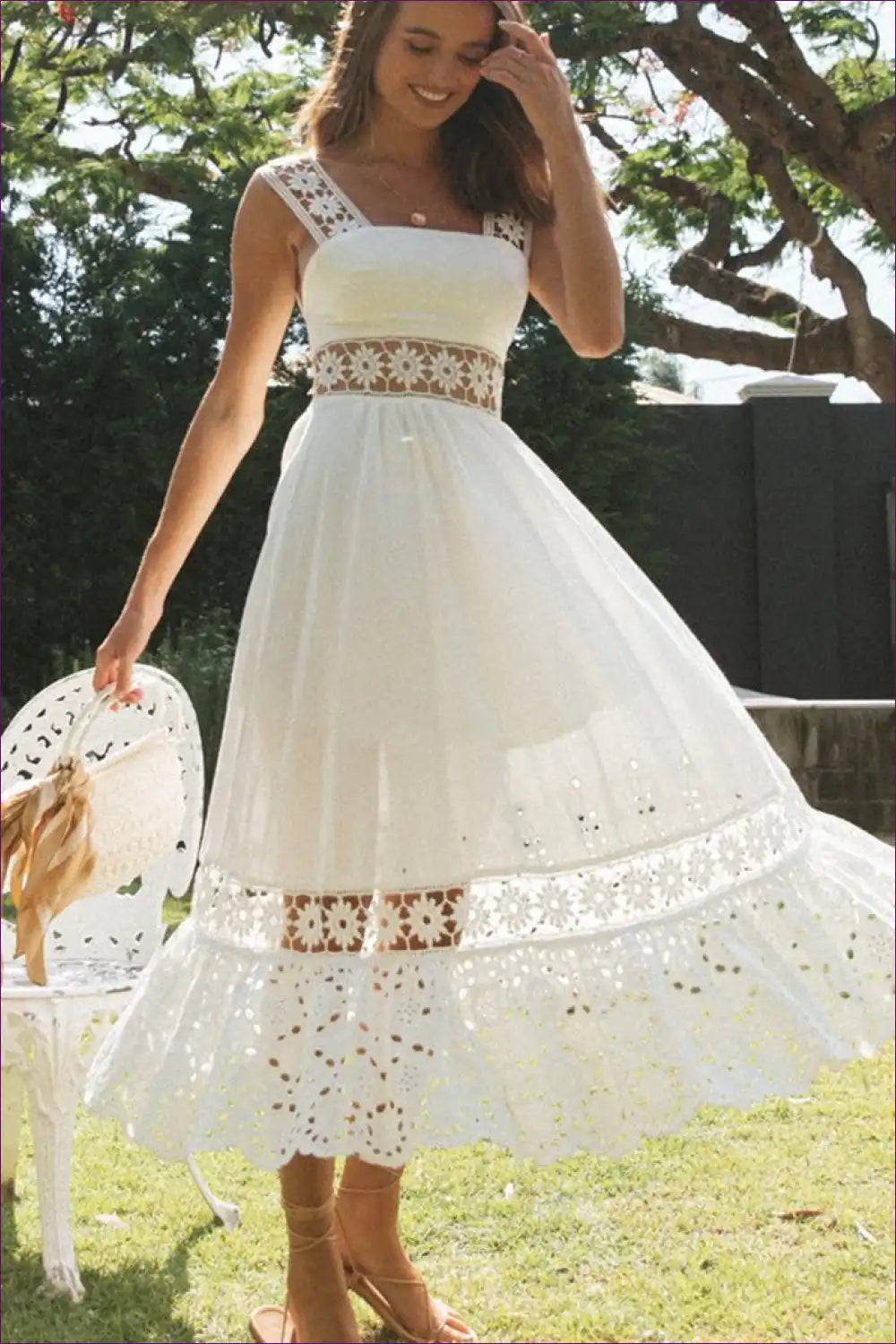 Lace Trim Maxi Dress with Square Neck - Summer Garden Romance for Boho, Casual, Dresses, Floral, Formal Wear