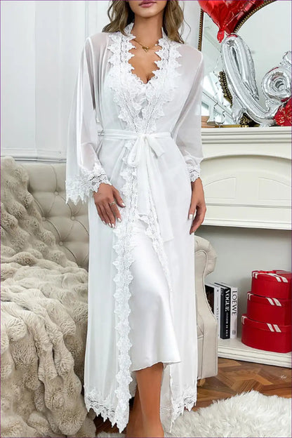 Lace Trim Maxi Robe Set - Romantic Bridal Lounge for Boudoir, Bridal, Everyday, Honeymoon,