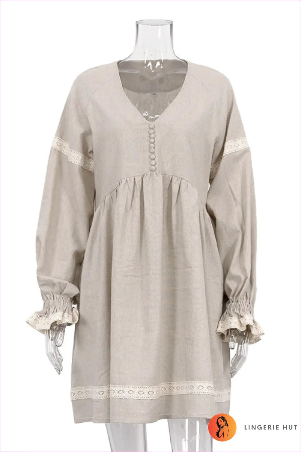 Lace Trim Mini Dress - Garden Party Ready - s / Khaki - Dresses - Lingerie Hut - A-line • Boho • Casual • Cotton