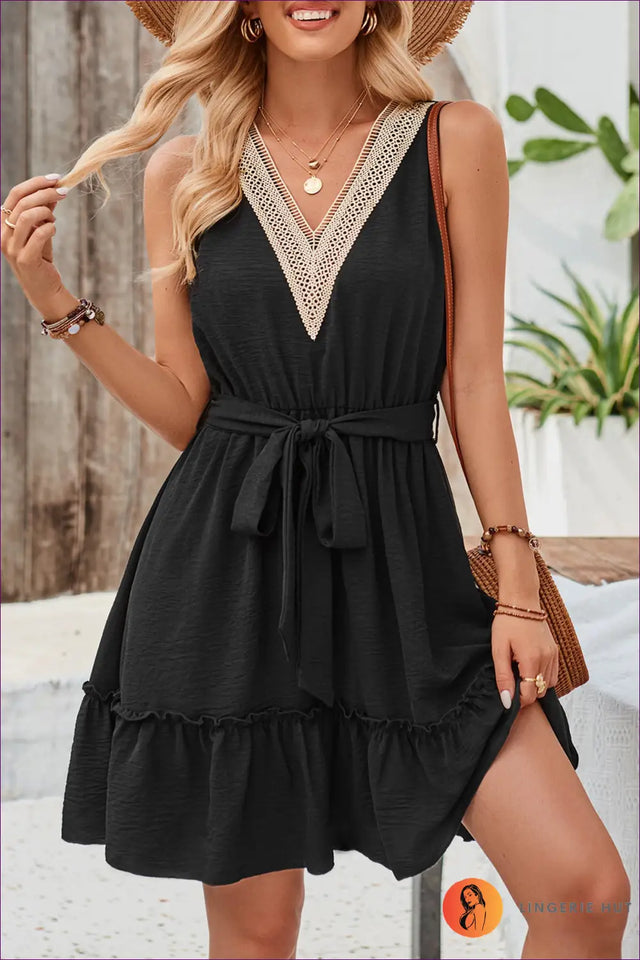 Lace Trim Mini Dress with Tie Belt