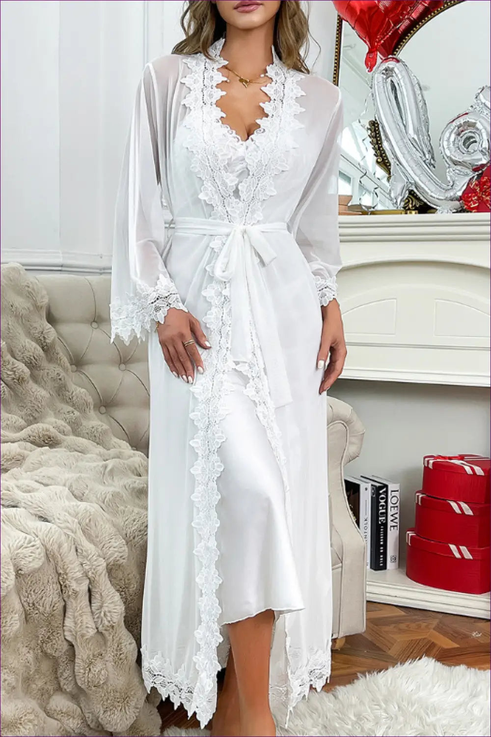 Lace Trim Pyjama with Robe Set - the Honeymoon Edit - Boudoir • Lace • Loungewear • Maxi - Lingerie Hut