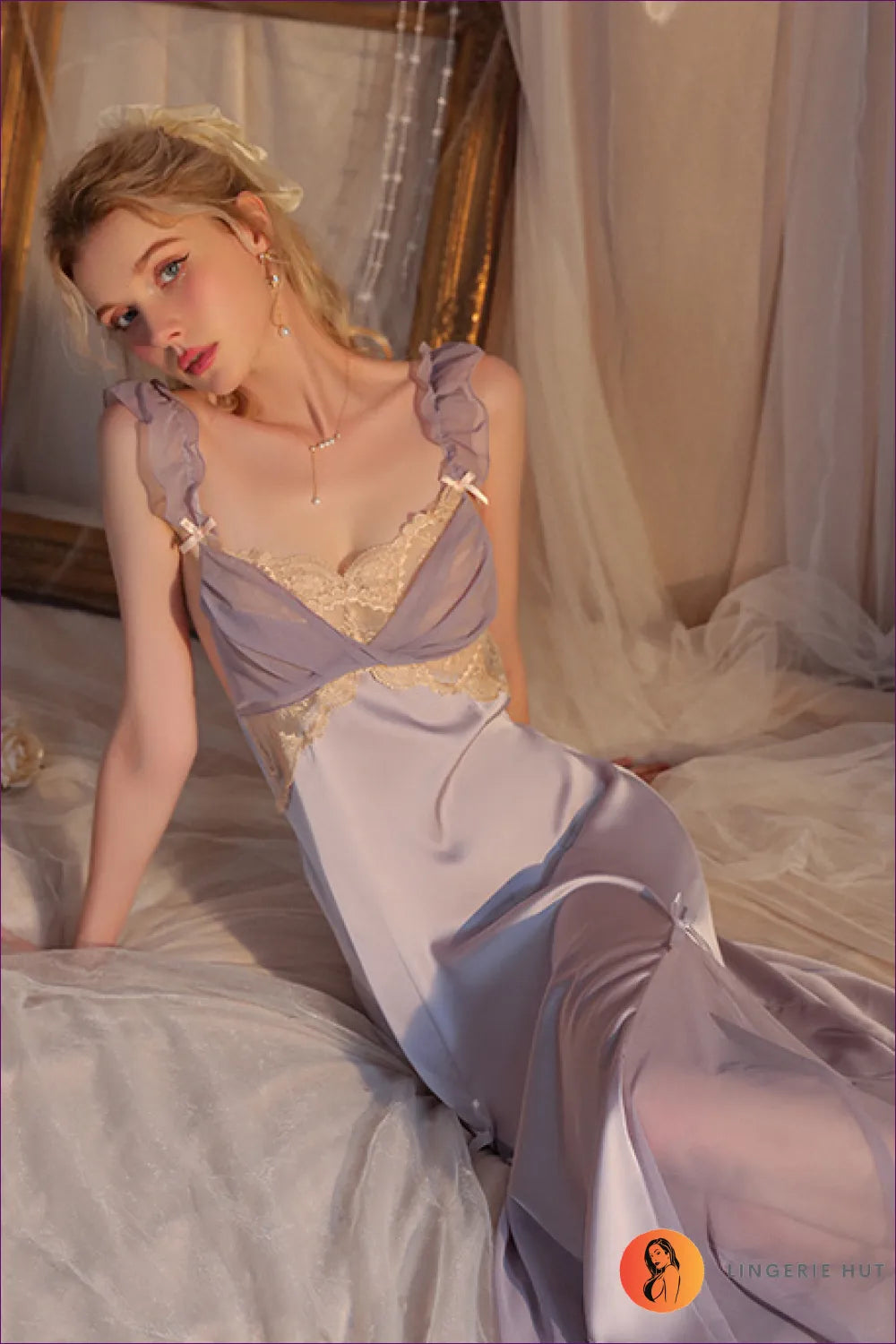 Indulge In Luxury And Sophistication With Our Lace Trim Ruffle Satin Cut Out Nightdress. Crafted From Soft