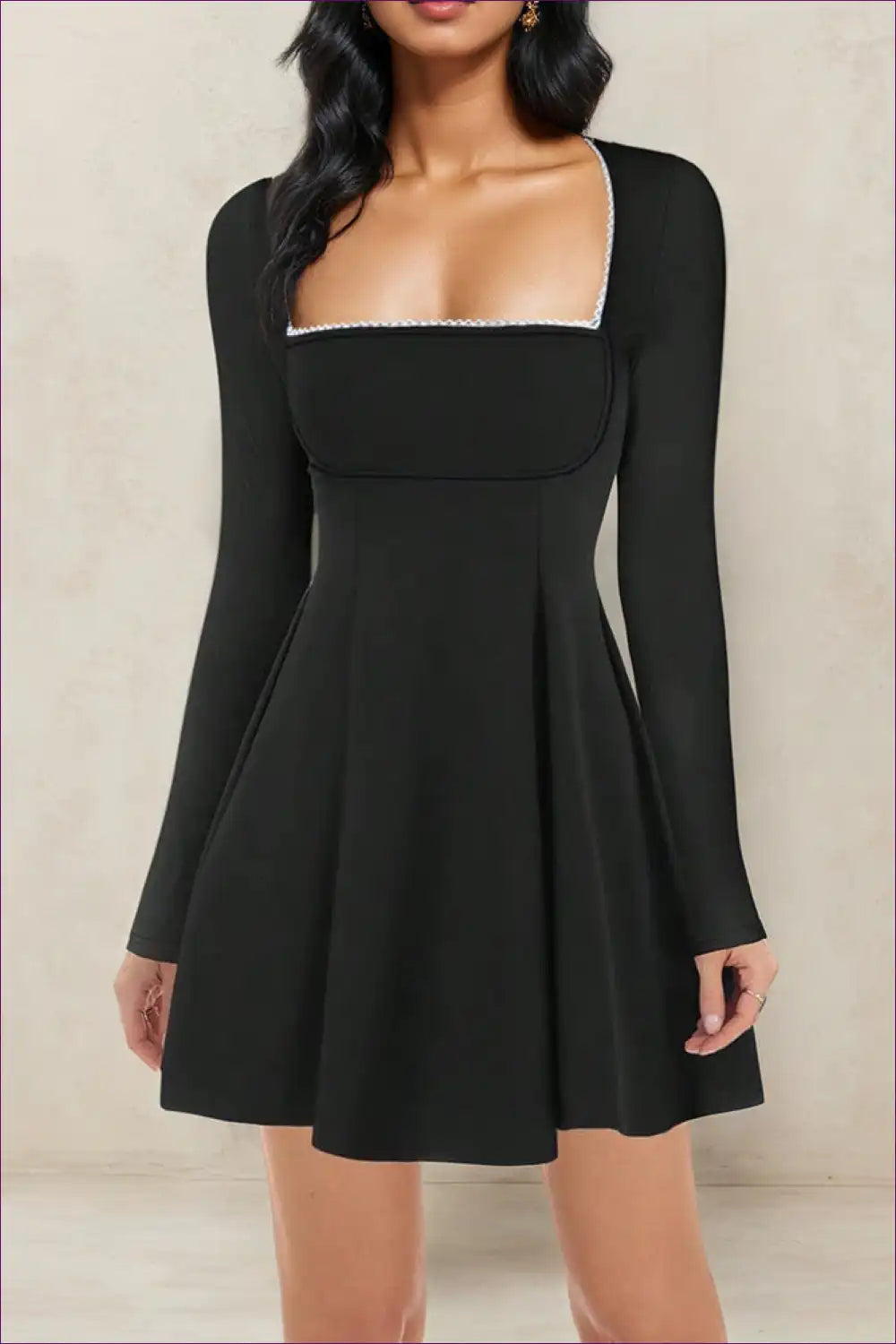 Lace Trim Square Neck A-line Dress for Everyday Elegance a Line, Autumn, Casual, Everyday, Lace