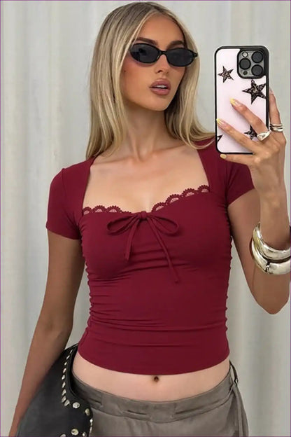 Lace Trim Square Neck Top with Bow Detail - Feminine Everyday for Casual, Crop, Everyday, just In, Lace