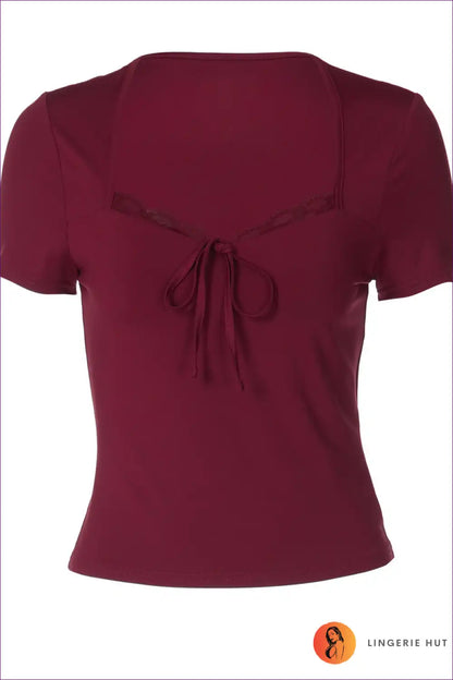 Lace Trim Square Neck Top with Bow Detail - Feminine Everyday for Casual, Crop, Everyday, just In, Lace