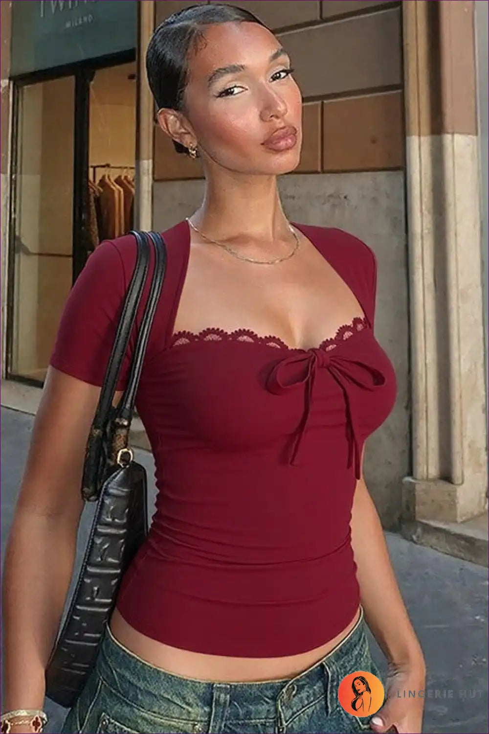 Lace Trim Square Neck Top with Bow Detail - Feminine Everyday for Casual, Crop, Everyday, just In, Lace