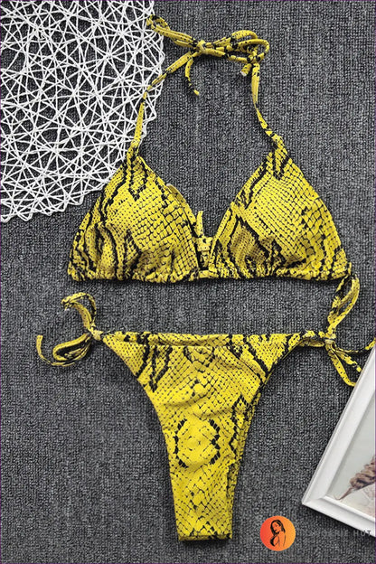 Lace-up Boho Bikini - Summer Swim Edit - s / Yellow Snake Pattern - Swimwear - Lingerie Hut - Animal • Beachwear