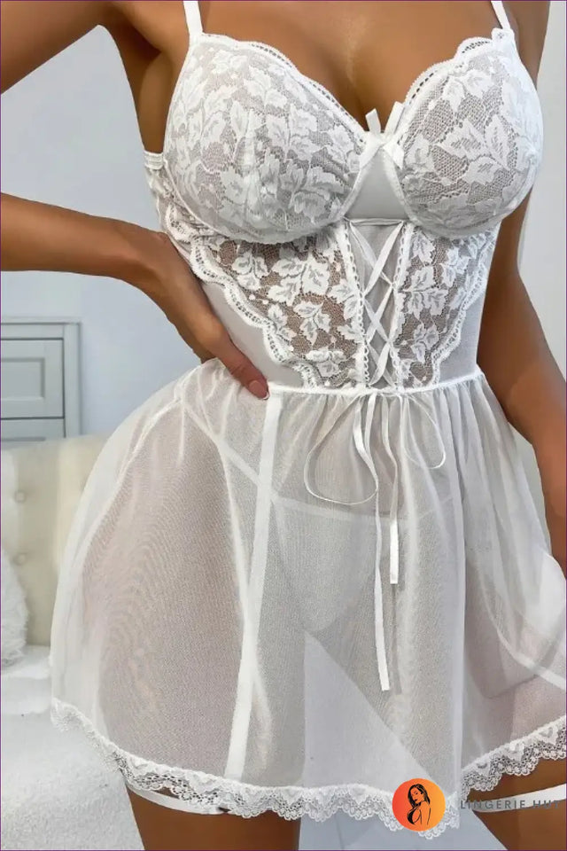 Lace-Up Corset Babydoll Set with Garter Straps - Romantic Reveal