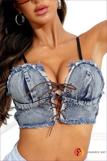 Lace-up Denim Crop Top - not your Basic Jean - one Size / Blue - Lingerie - Hut - Casual • Cutout • Date Night