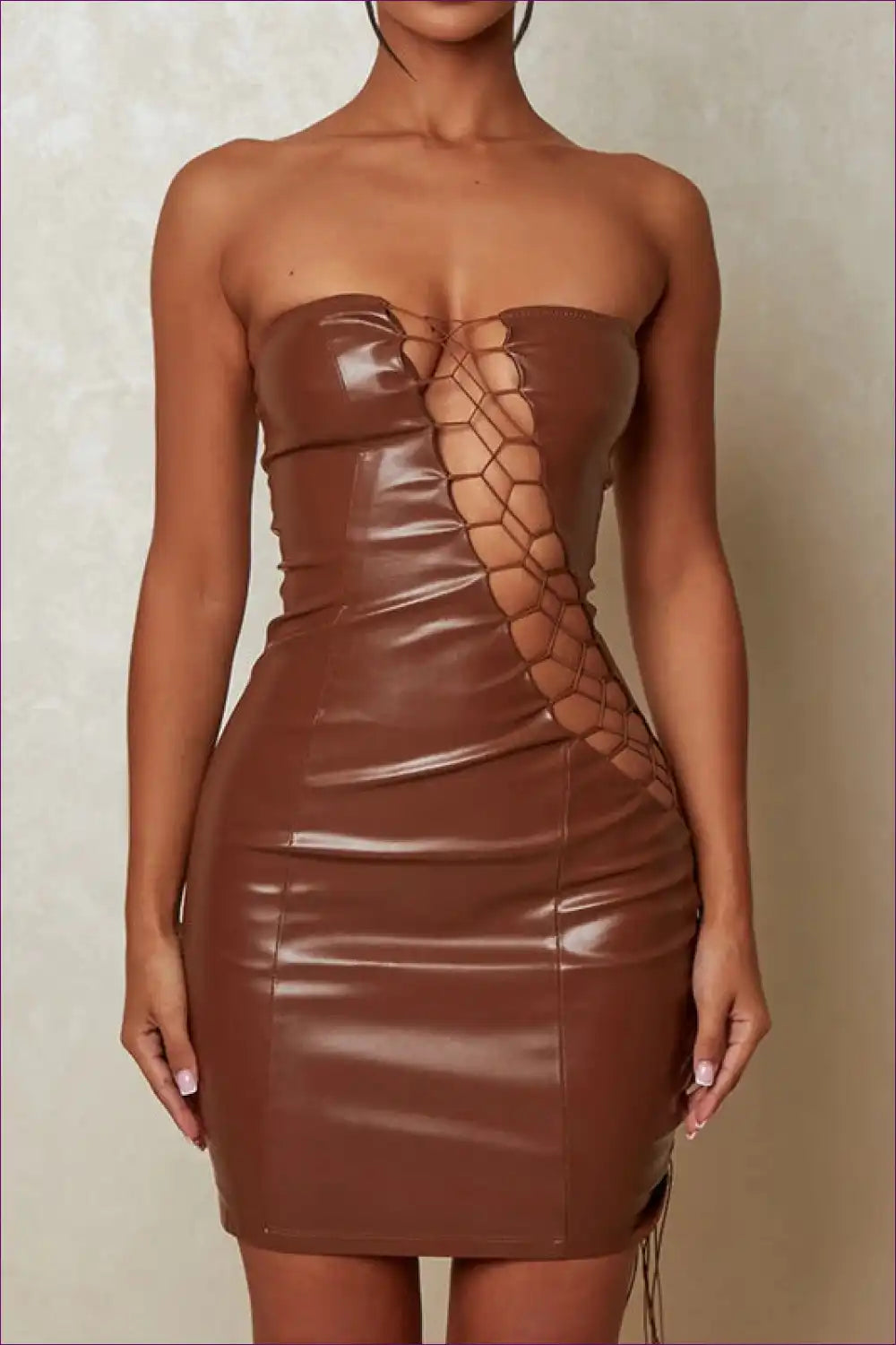 Embrace The Essence Of Night-out Glamour With Lingerie Hut’s Lace-up Faux Leather Dress. Its Strapless Design