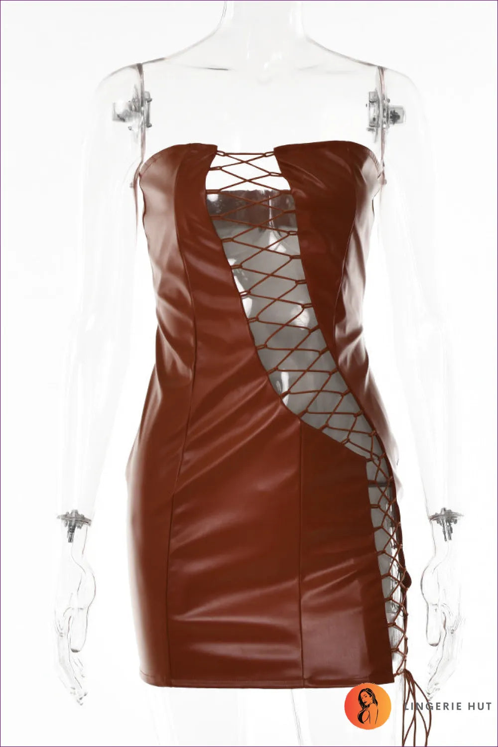 Embrace The Essence Of Night-out Glamour With Lingerie Hut’s Lace-up Faux Leather Dress. Its Strapless Design