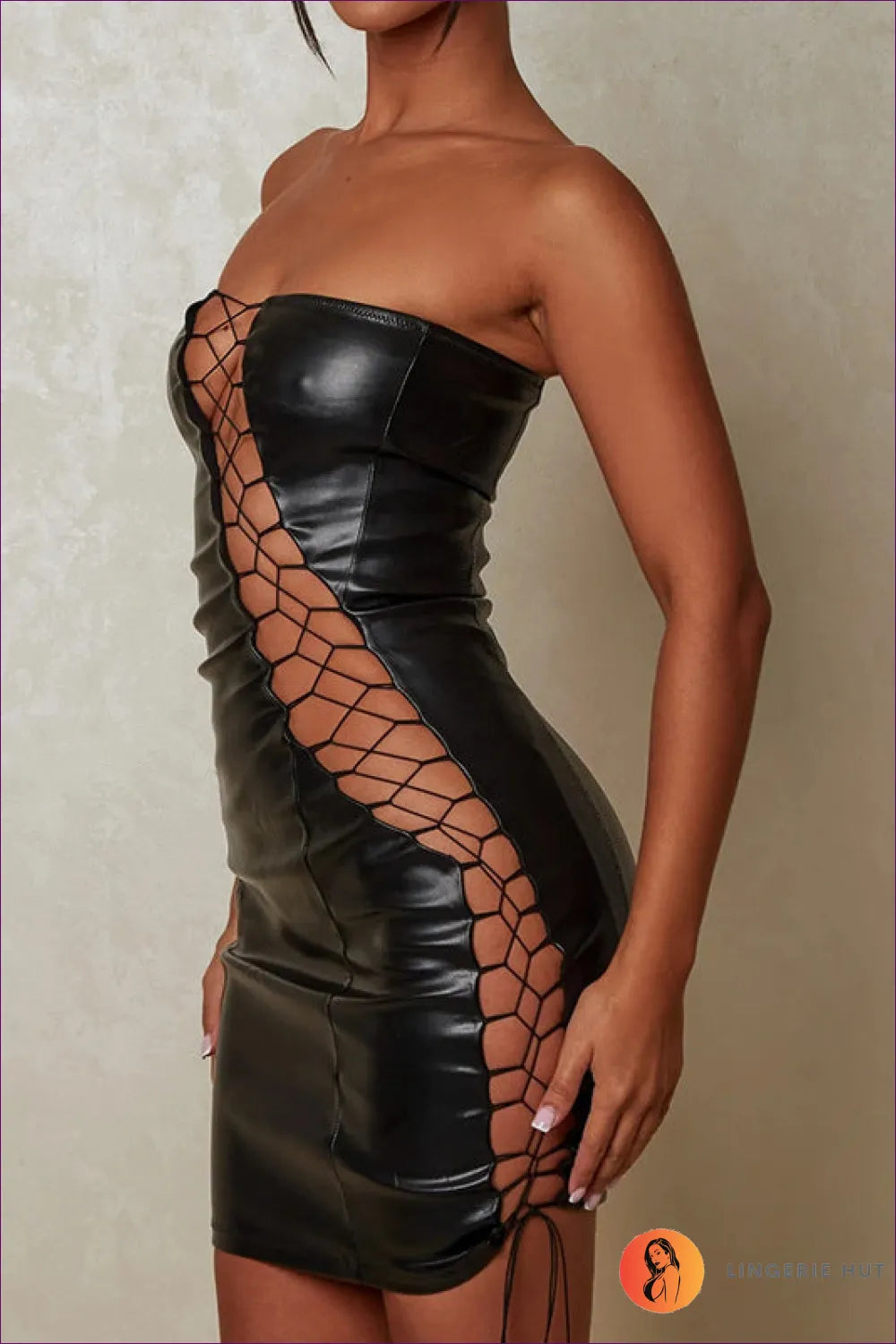 Embrace The Essence Of Night-out Glamour With Lingerie Hut’s Lace-up Faux Leather Dress. Its Strapless Design
