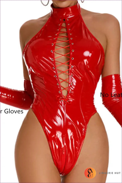 Lace-up Glossy Bodysuit with Opera Gloves - Bold Statement - Red (no Gloves) / S-m - Clubwear • Glamour