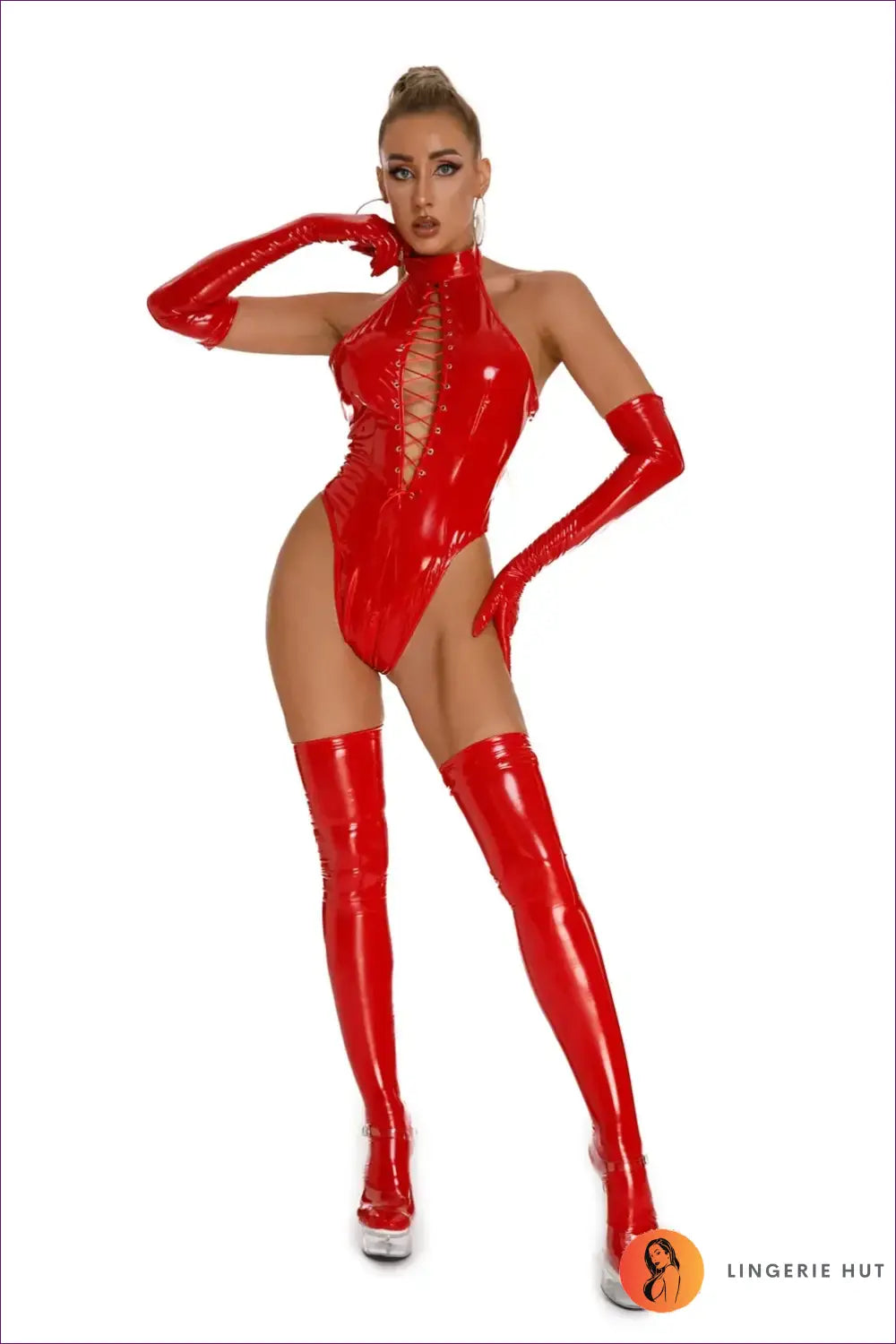 Lace-up Glossy Bodysuit with Opera Gloves - Bold Statement - Clubwear • Glamour • just in • Lingerie - Hut