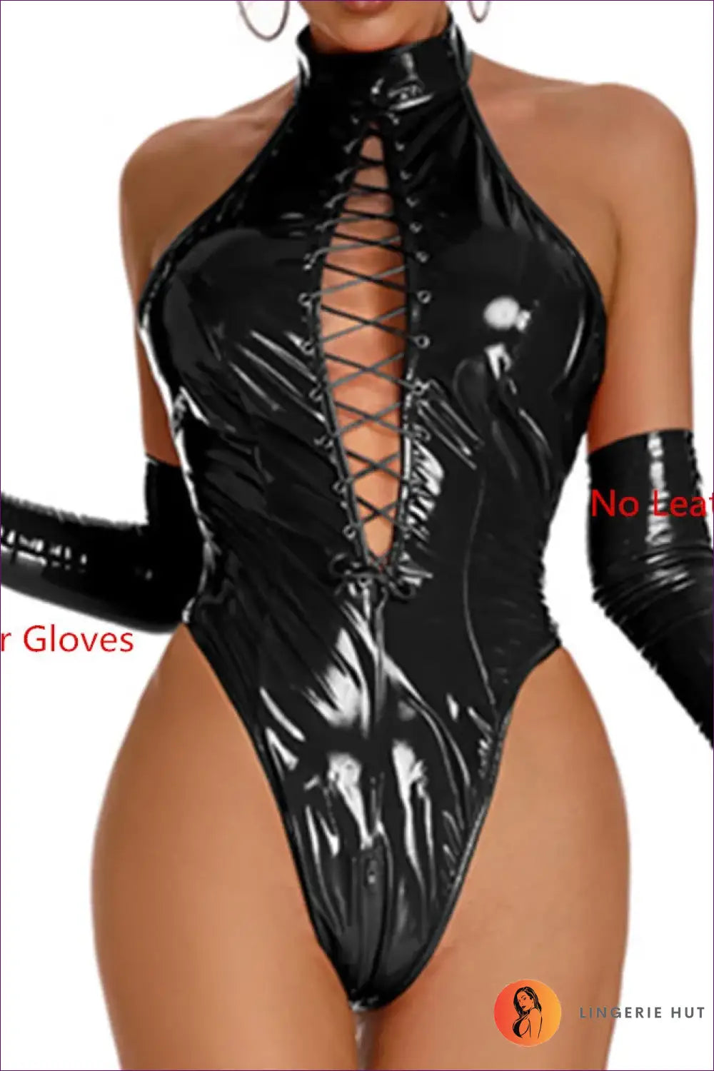 Lace-up Glossy Bodysuit with Opera Gloves - Bold Statement - Black (no Gloves) / S-m - Clubwear • Glamour