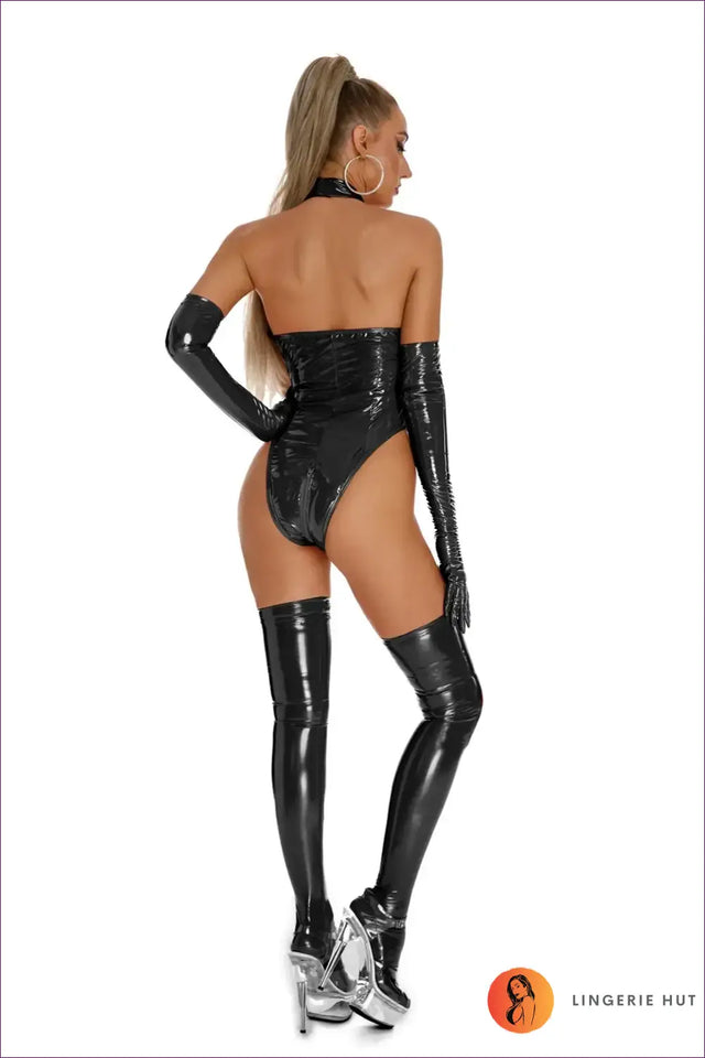 Lace-Up Glossy Bodysuit with Opera Gloves - Bold Statement