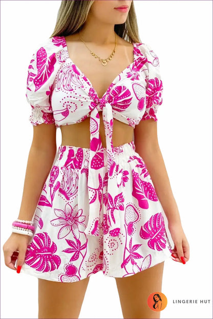 Lace-up co Ord Set with Shorts - Effortless Everyday Style - s / Pink - Outfit Sets - Lingerie Hut - Autumn • Boho