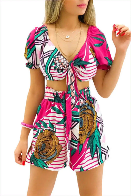 Lace-up co Ord Set with Shorts - Effortless Everyday Style - s / Striped - Outfit Sets - Lingerie Hut - Autumn • Boho