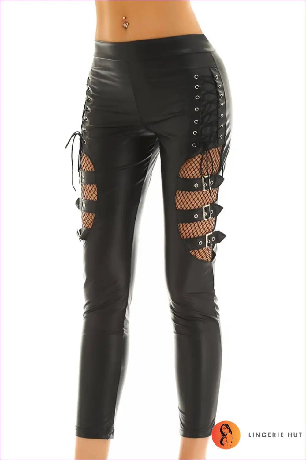 Elevate Your Fashion With Our Lace Up Sheer Buckle Leggings. Fabric, Lace-up Detailing, And Buckle Accents For