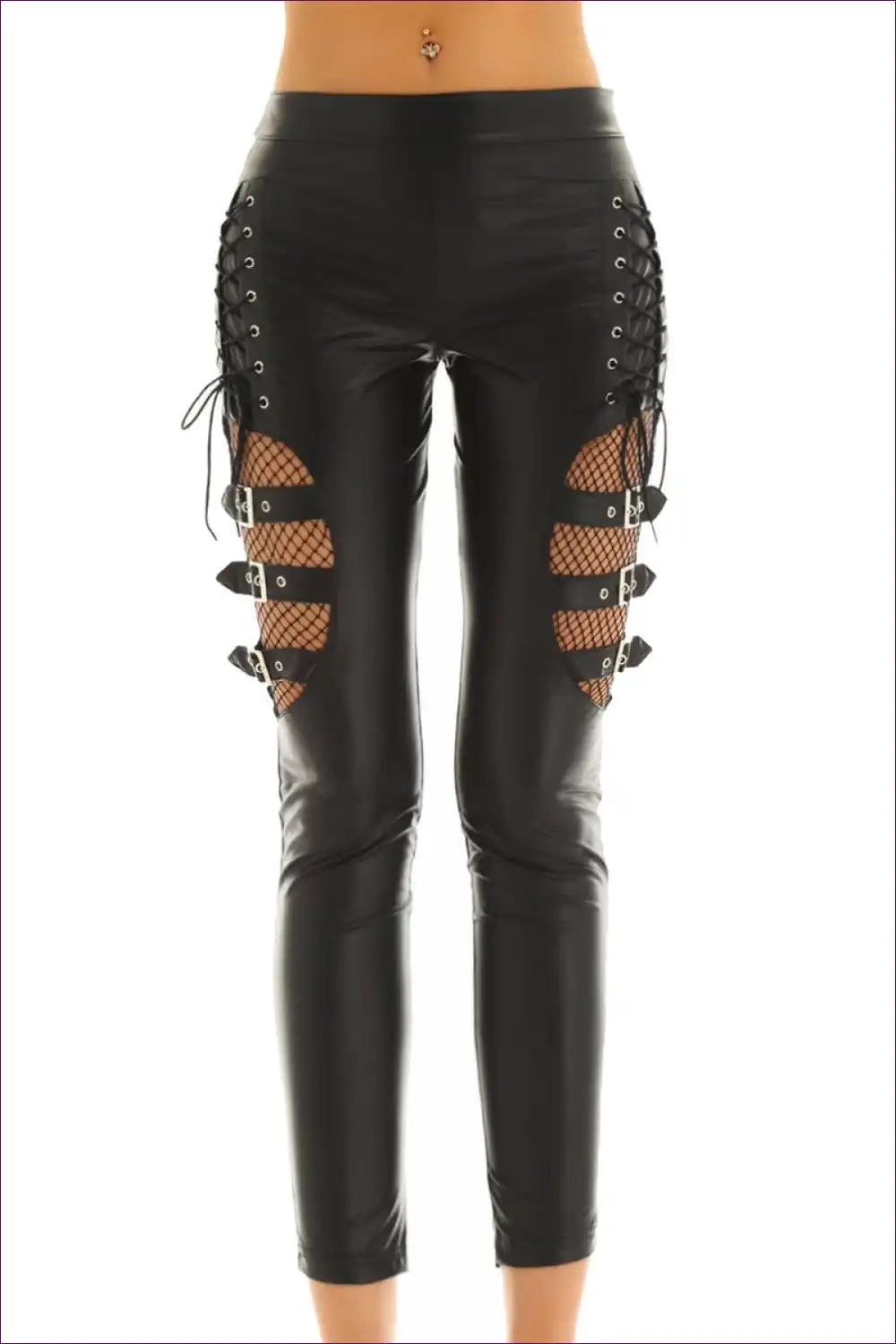 Elevate Your Fashion With Our Lace Up Sheer Buckle Leggings. Fabric, Lace-up Detailing, And Buckle Accents For