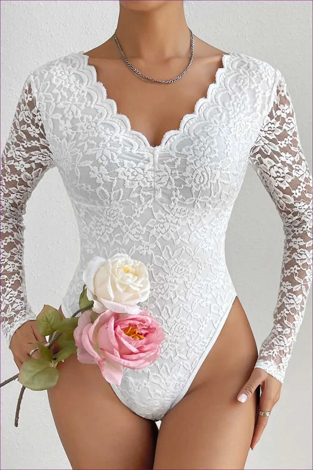 Lace V-neck Bodysuit with Long Sleeves - Bold but Wearable - Lingerie - Hut - Autumn • Boudoir • Date Night • Glamour