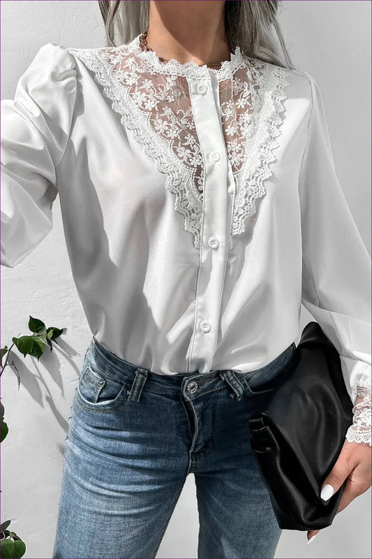 Elevate Your Style With Our Lantern Sleeve Lace Trim Button Up Top - a Versatile Statement Piece For