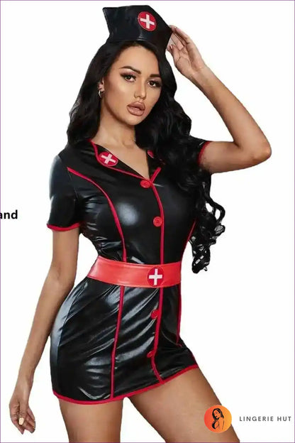 Turn Heads With Our Sexy Latex Nurse Uniform, Featuring a Wet Look, Button-up Detail, And Belted Waist. Step