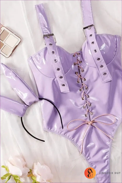 Lavender Shine Lace-up Bunny Costume Set - Playful Nights - Bodysuit • Halloween • just in - Lingerie Hut