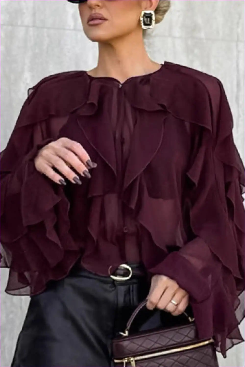 Layered Ruffle Lace-trim Blouse - Light Luxury French for Autumn, Blouse, Casual, Everyday, Formal Wear