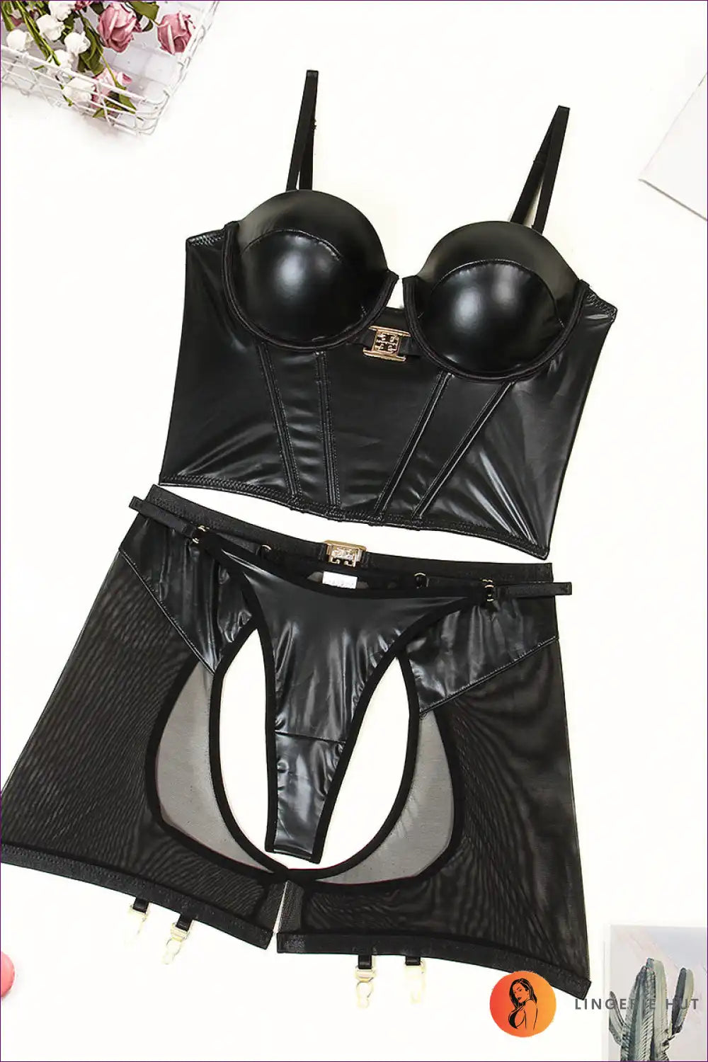 Step Into The Realm Of Chic With Lingerie Hut’s Leather Body Shaping Sling Underwear Set. a Mesh Masterpiece