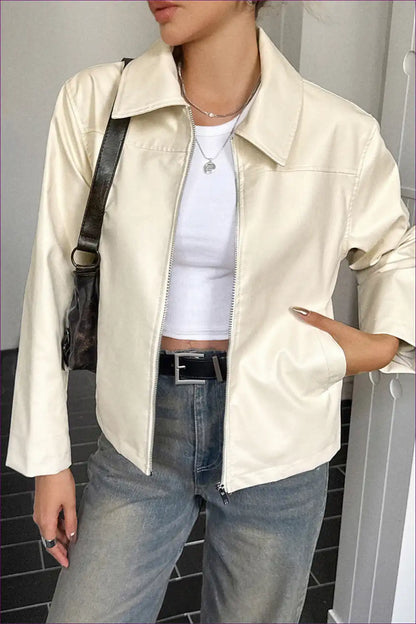 Leather Jacket with Zip Front - Effortless Edge for All Season, Autumn, Casual, Evening Wear, Everyday