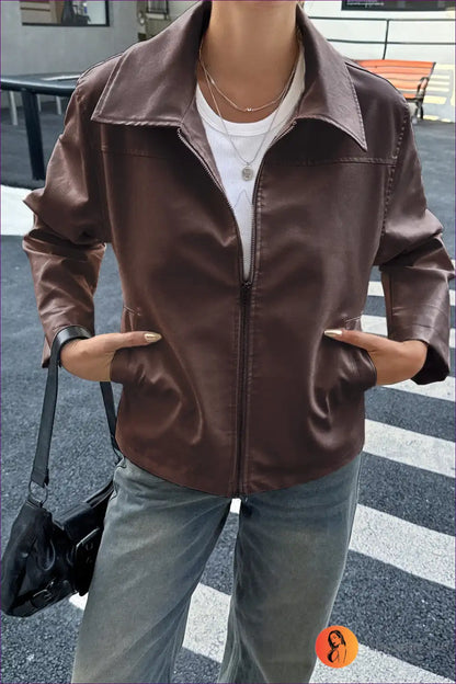 Leather Jacket with Zip Front - Effortless Edge for All Season, Autumn, Casual, Evening Wear, Everyday