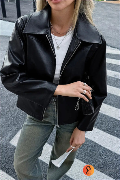 Leather Jacket with Zip Front - Effortless Edge for All Season, Autumn, Casual, Evening Wear, Everyday