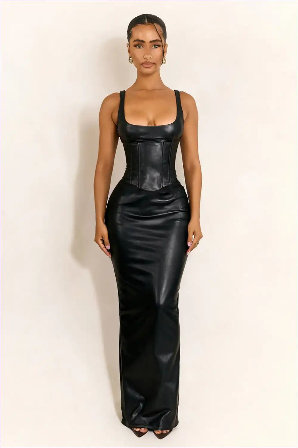 Leather-look Maxi Dress with Corset Detail - Statement for Bodycon, Corset, Evening Wear, Formal