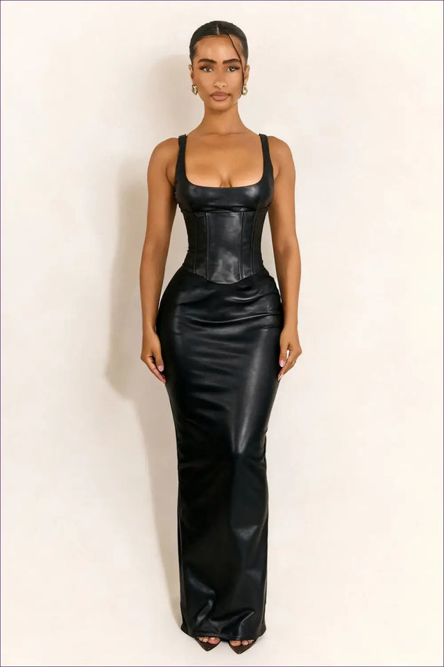 Leather-Look Maxi Dress with Corset Detail - Statement