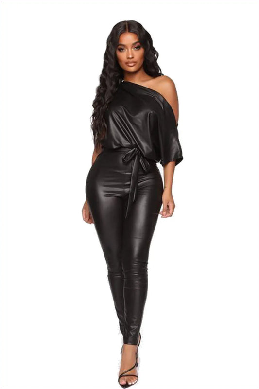 Turn Heads In Lingerie Hut’s Leather Strap Off-shoulder Jumpsuit. a Slim-fit Masterpiece That Defines