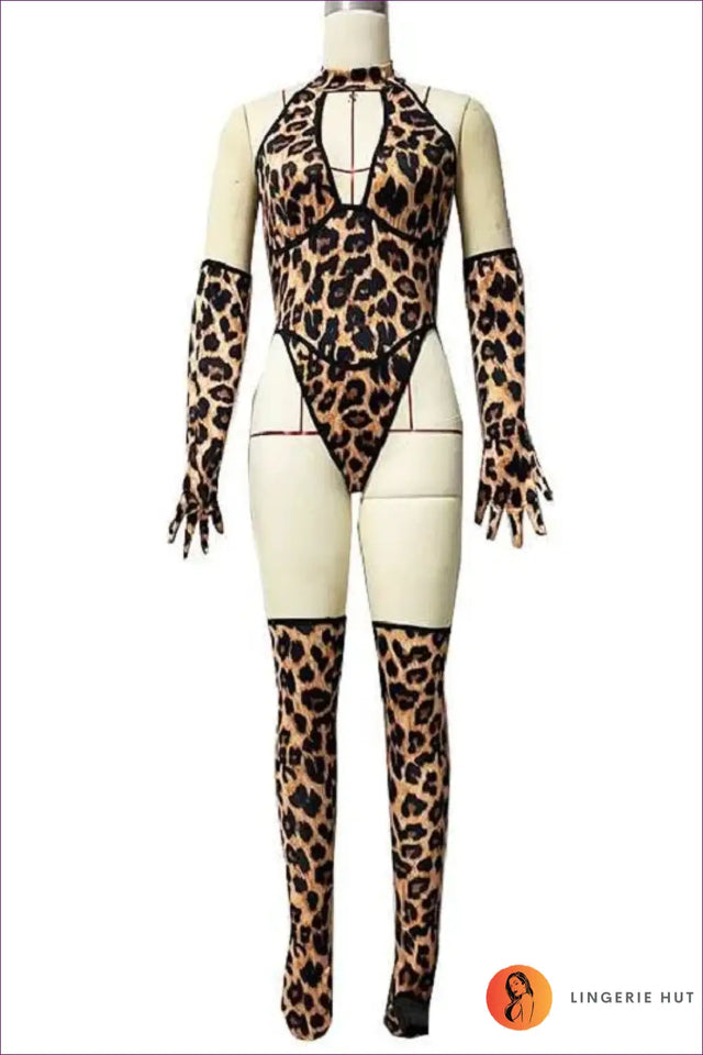 Leopard Bodysuit Costume with Gloves and Stockings - Wild Night Confidence