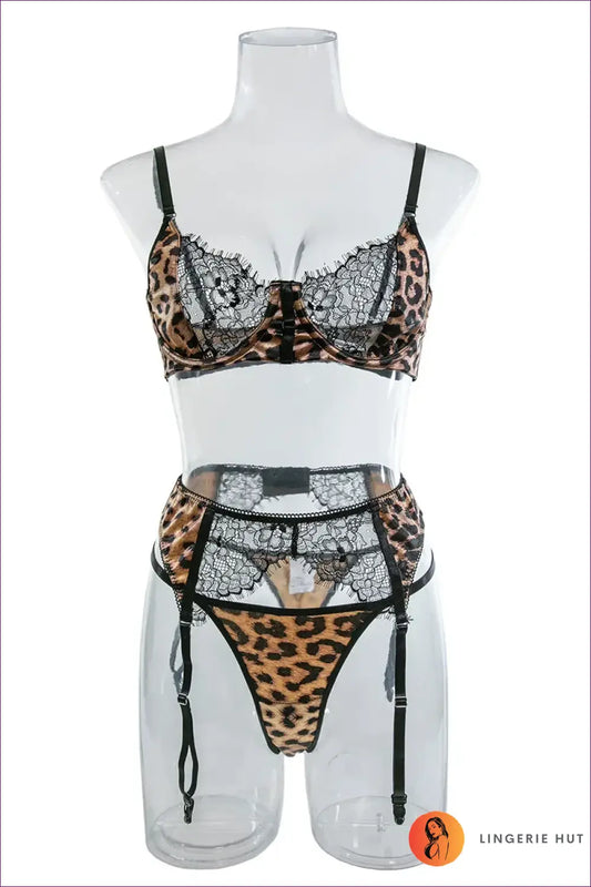 Leopard Lace Three-piece Lingerie Set - After Dark Ease - Boudoir • Bra • Date Night • just in - Hut